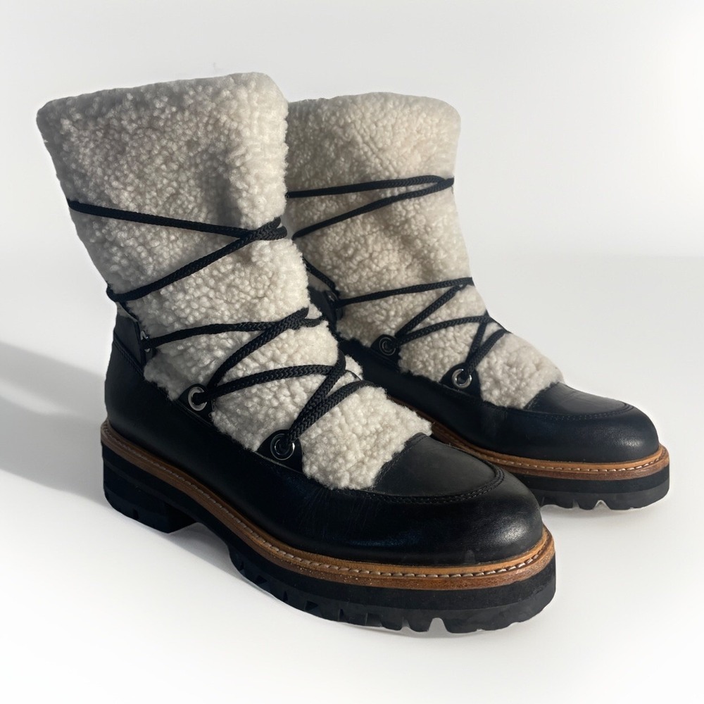 New! Marc Fisher Mlisha Snow Boots Black Leather Genuine Shearling 7.5 M DD362